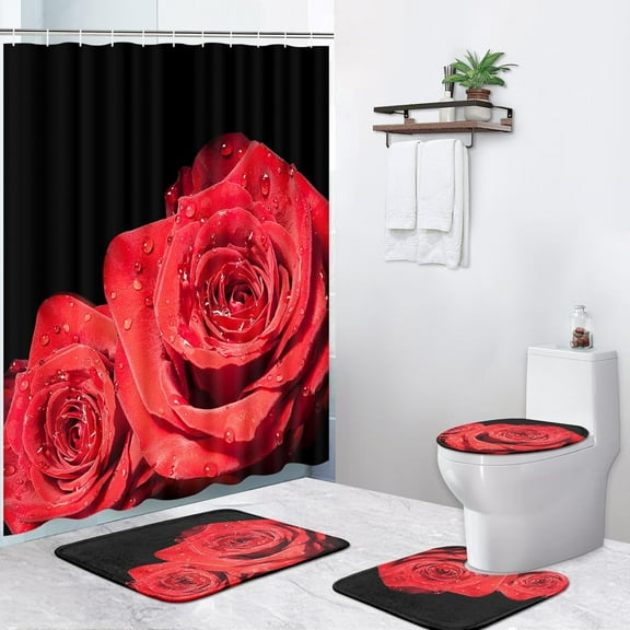 4 Pcs Shower Curtain Sets, Tiger Cat Blue Rose Wild Waterproof Bathroom Sets with Non-Slip Rugs, Toilet Lid Cover and Bath Mat, 12 Hooks, Accessories Modern Home Bathroom Decor 72" X 72"