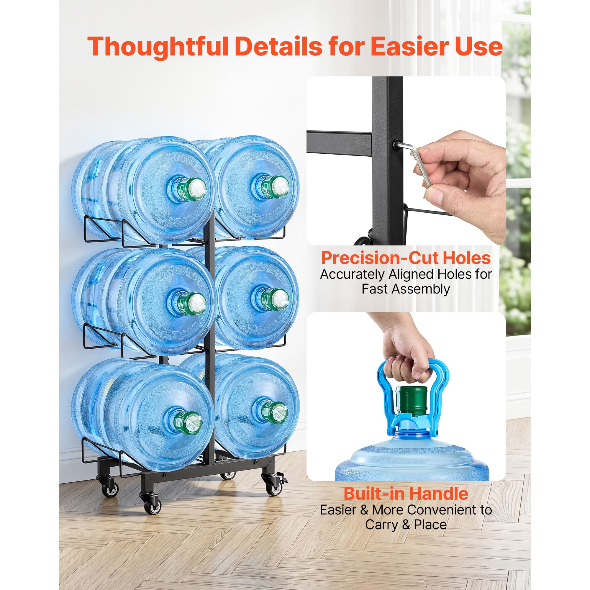 Water Jug Holder, 3 Tiers Double Rows 3 and 5 Gallon Water Bottle Holder for 6 Bottles, Heavy Duty Jug Rack Organizer with Casters and Handles, Foldable for Kitchen, Office, Living Room, Black