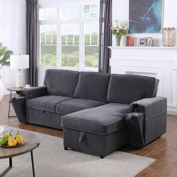 Grey Upholstered Sectional Sofa With Pull Out Bed And Storage Chaise For Small Living Rooms
