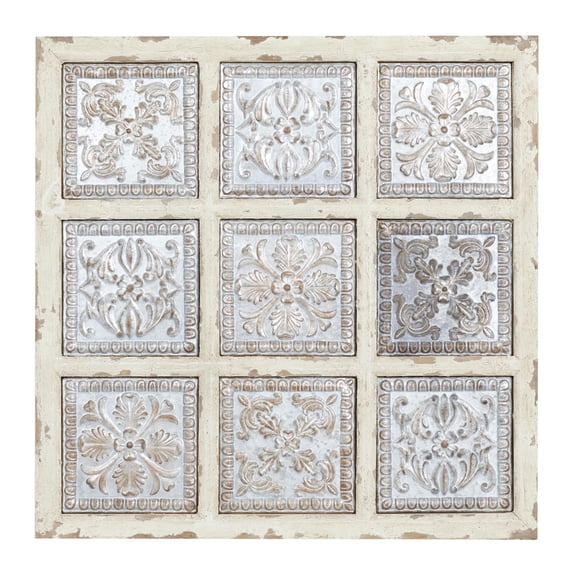 DecMode Gray Metal Embossed Floral Wall Decor with Distressed Cream Frame