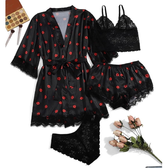 Batas de mujer de talla grande, lencería de seda, bata de baño de satén, conjunto de cuatro piezas, pijamas para dormir, pijamas para mujer