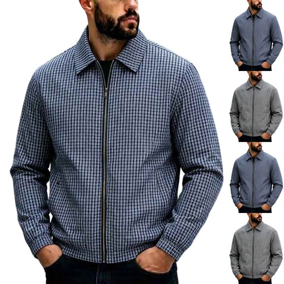 Men's Classic Gingham Plaid Collared Windbreaker Jacket, Full Zip Long Sleeve Loose Fit Coat with Pockets, Fall Winter Casual Outerwear for Hiking Travel Work