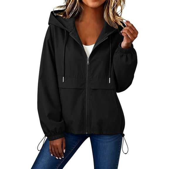 Edvintorg Womens Jackets Lightweight Long Sleeve Zip up Coat Hooded Outerwear with Pocket Womans Clothes Fashion Clothing Women Black S-2XL