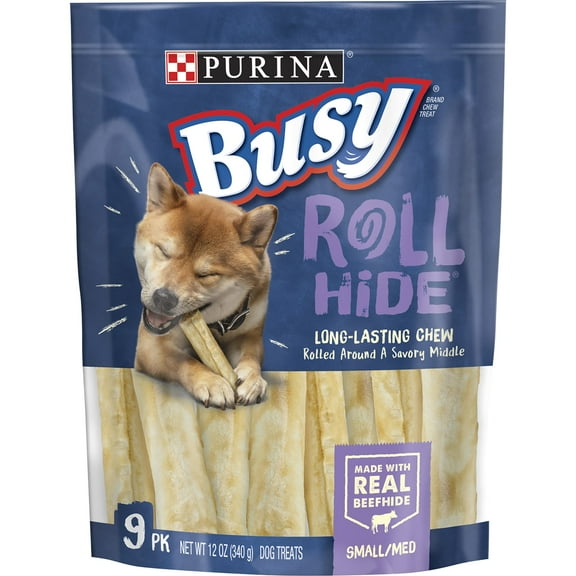 Purina Busy Bone Small & Medium Dog Treats Rollhide with Real Beef Chews, 12 oz Pouch (9 Count)