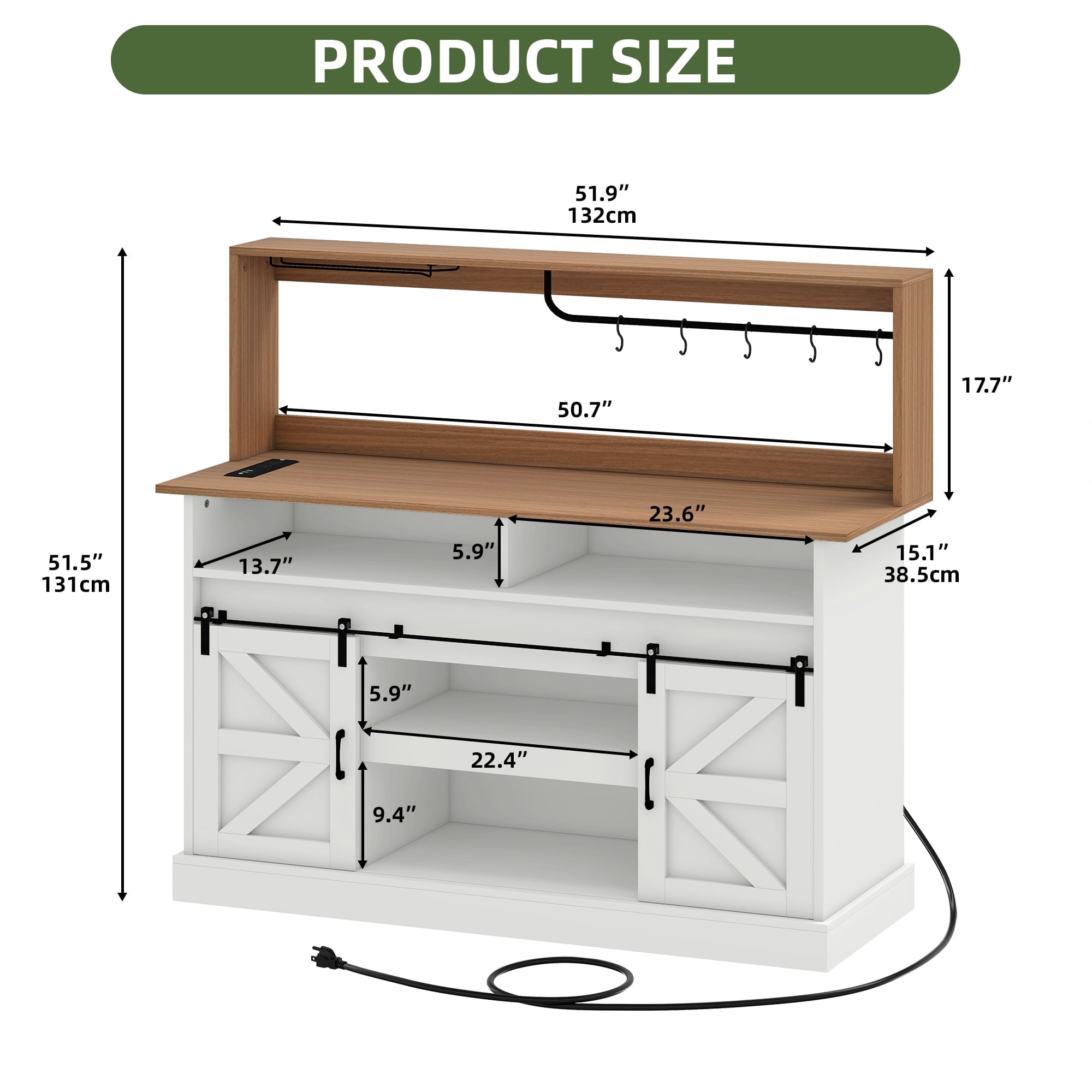 Uforic 52" Farmhouse Wine Cabinet, Sliding Barn Door Sideboard with Power Outlets & Goblet Holder (White)