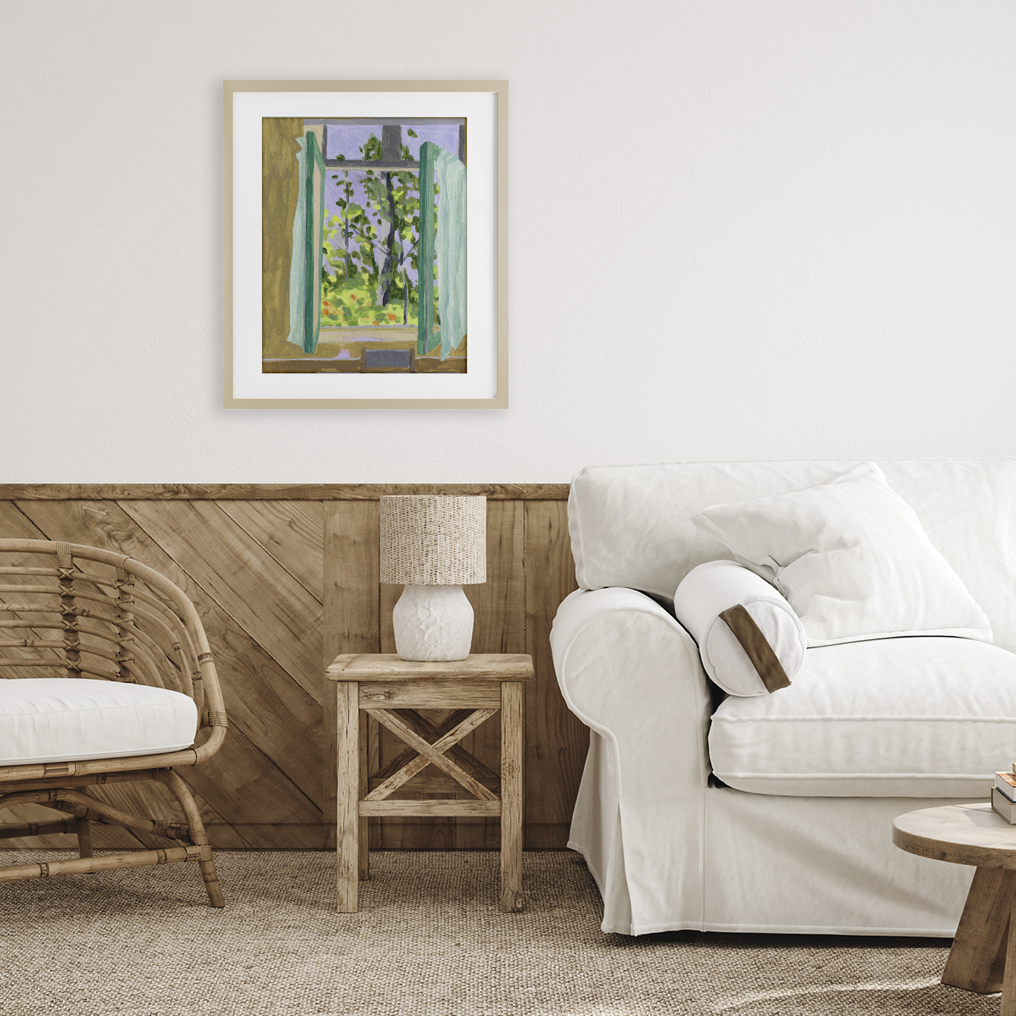 A Seat For Spring Birch Framed Print Under Glass, design by Melissa Wang