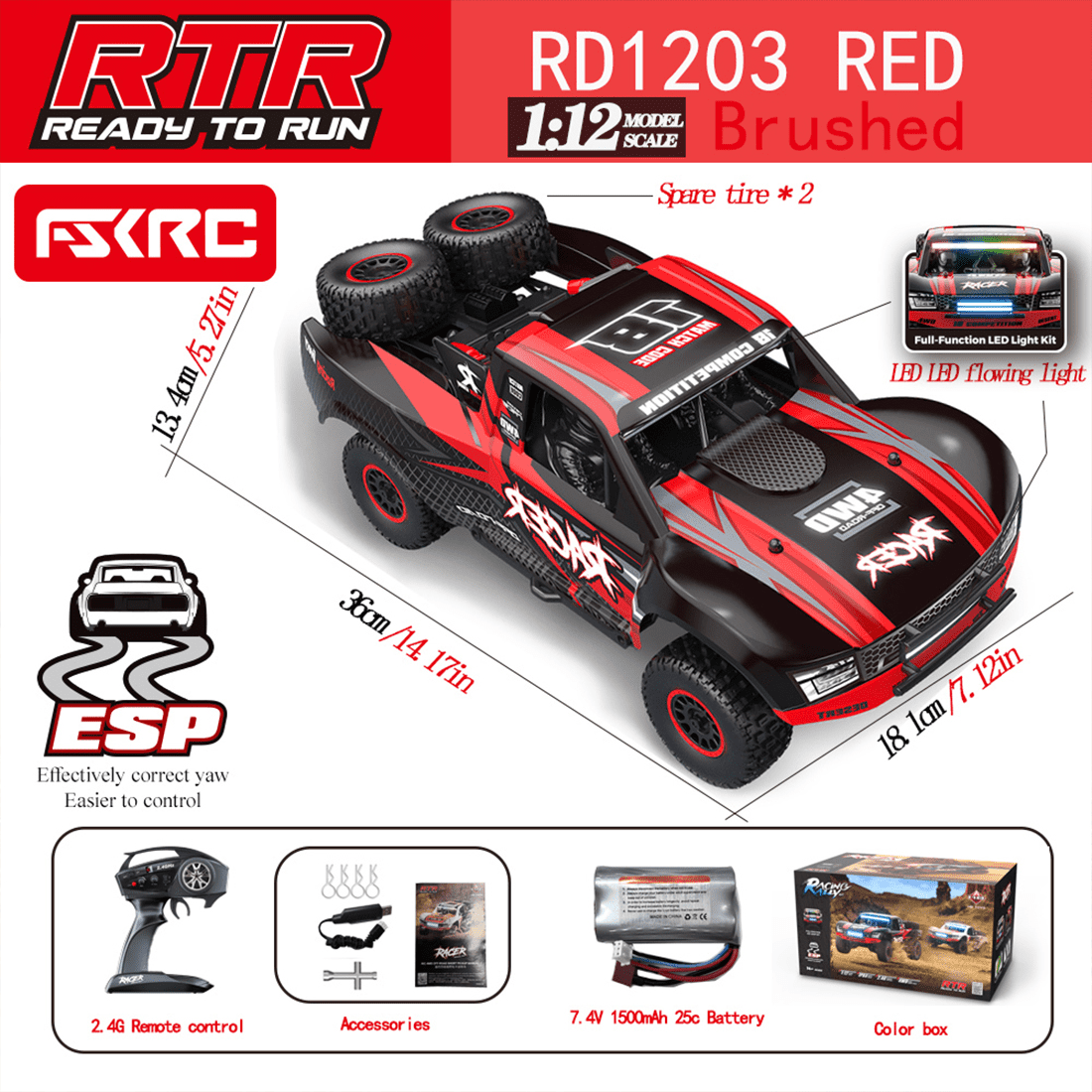 RD12 1/12 Scale RC Drift Car for Adults, 2.4G 4WD Full-Proportional Brushed Drift Racing Car with Gyroscope and 7-Color LED Lights for Hobbyist - RTR
