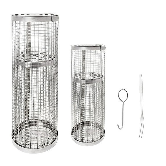 Rolling Grilling Basket 2 PACK - Round Stainless Steel Grill Mesh, BBQ Grill Mesh for Vegetables, Fish and French Fries