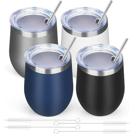 

12oz/4 Pack Wine Tumbler Glasses with Lid - Stemless Double Wall Vacuum Stainless Steel Travel Tumbler - Keeping Cold & Hot for Wine Coffee Cocktails Gifts