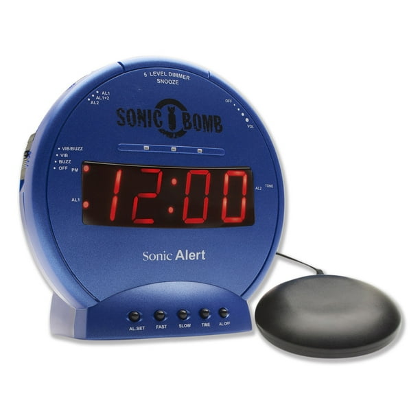 Sonic Bomb Dual Alarm Clock with Bed Shaker Blue Vibrating Alarm