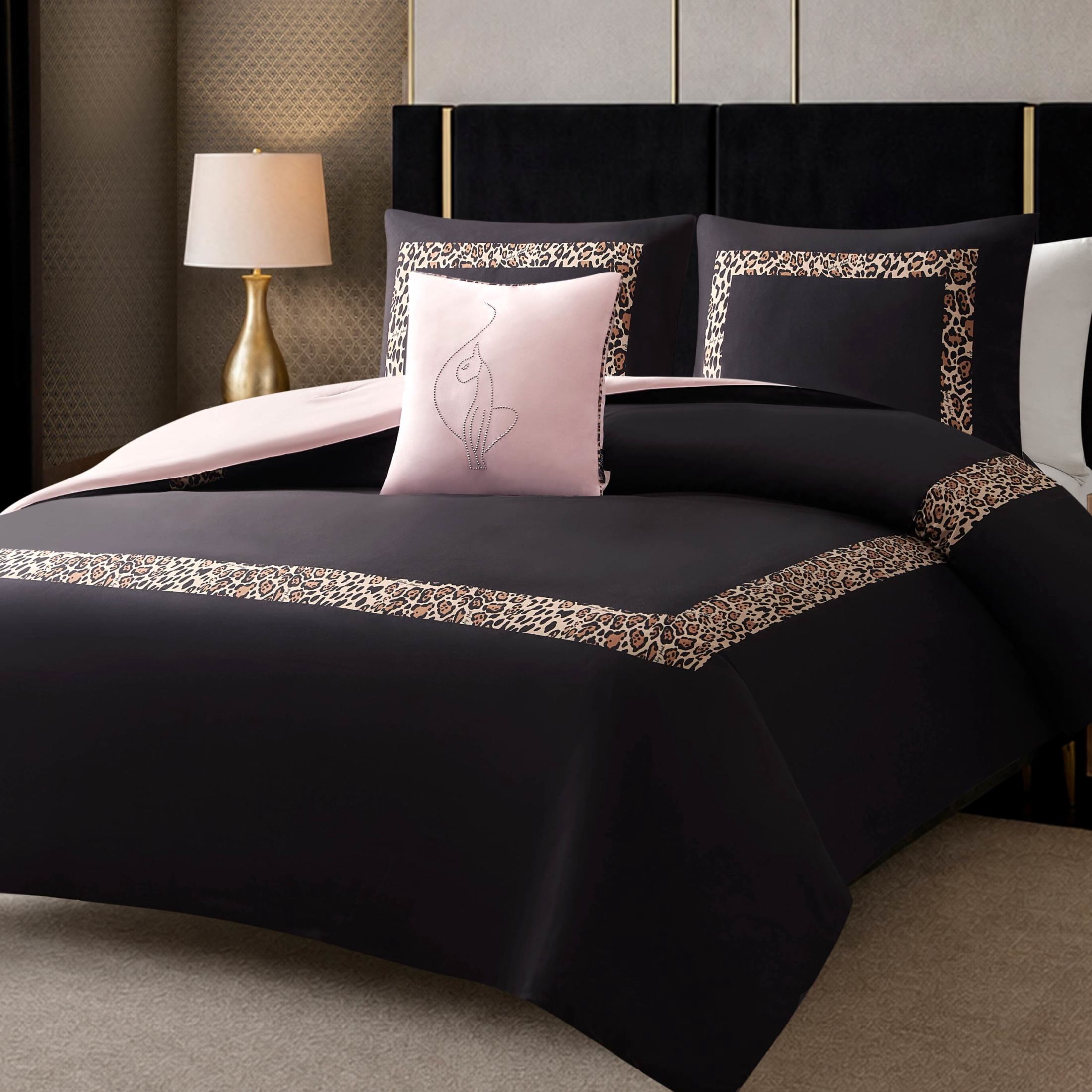 Baby Phat Leopard Hotel Border 4-Piece Comforter Set, Black, King