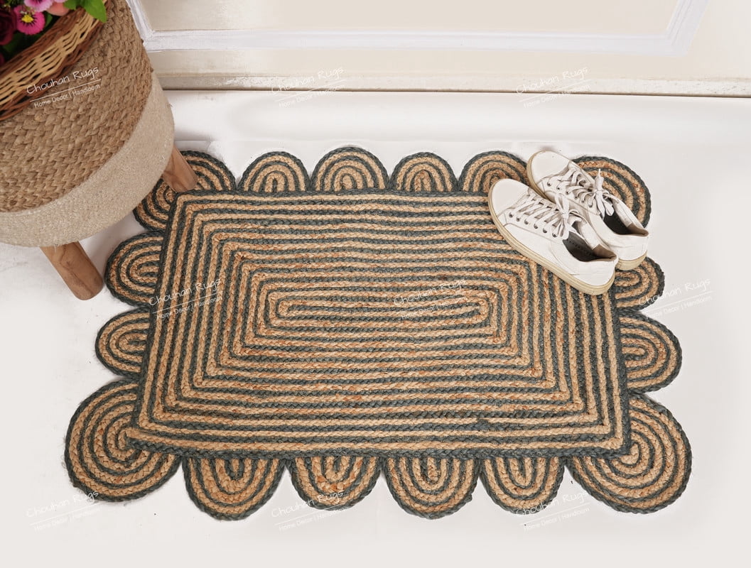 Hand Braided Beige and Grey Color Scalloped Area Rug Rectangle Rug Natural Jute Rug