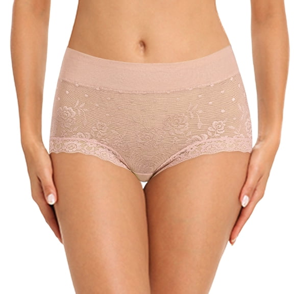 HNMKIU Women Panties Mid Waist Comfortable and Breathable Underwear with Solid Fashion Lace Design Underwear for Women 01_Beige,L