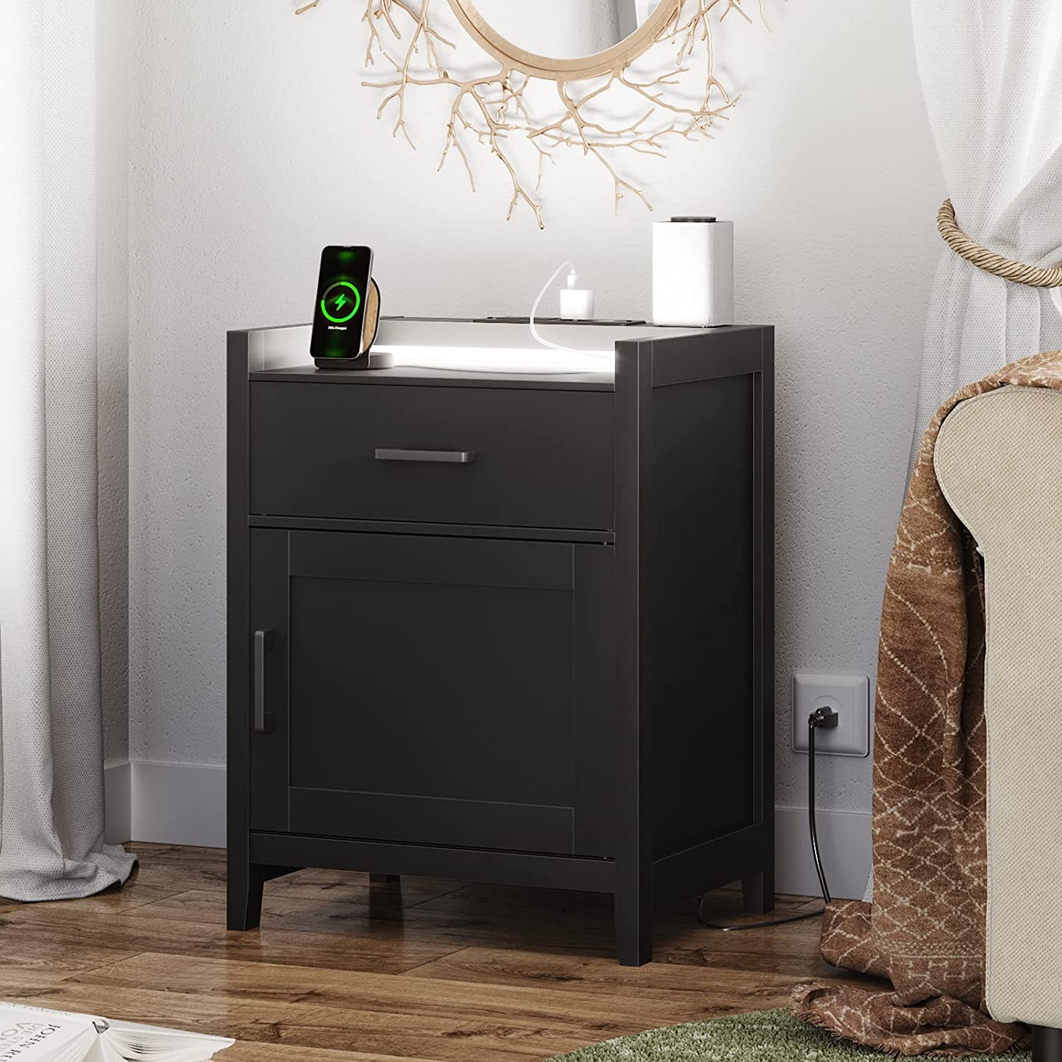 EPHEX Nightstand with Charging Station and LED Lights, Bedside Table