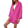 thumbnail image 3 of VISgogo, traje de pantalón informal de dos piezas para mujer, blusas abotonadas con cuello de solapa de color sólido y pantalones cortos holgados con cintura elástica VISgogo moda, 3 of 4
