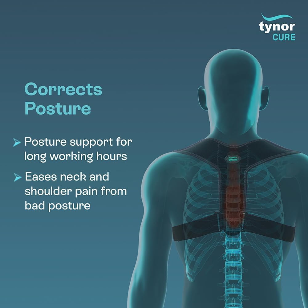 TYNOR Posture Corrector for Men & Women, Adjustable Upper Back Brace for Neck, Clavicle & Scoliosis, Breathable Hunchback & Back Corrector with Hook Loop Closure (Black, One Size)