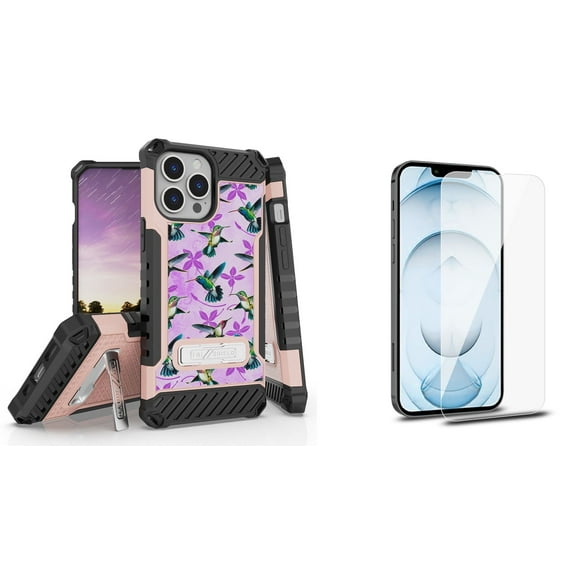 Bemz iPhone 13 Pro Bundle: Tri Shield Shockproof Armor Rugged Case (Lavender Hummingbirds), Premium Glass Screen Protectors (2-Pack)