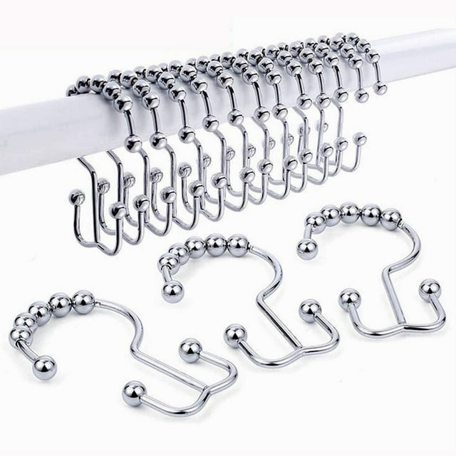 Anneaux de Crochets de Rideau de Douche, Crochets de Douche à Double Rouleau en Métal Résistant à la Rouille pour Rideaux de Tiges de Douche de Salle de Bains, Lot de 12 Anneaux Chromés