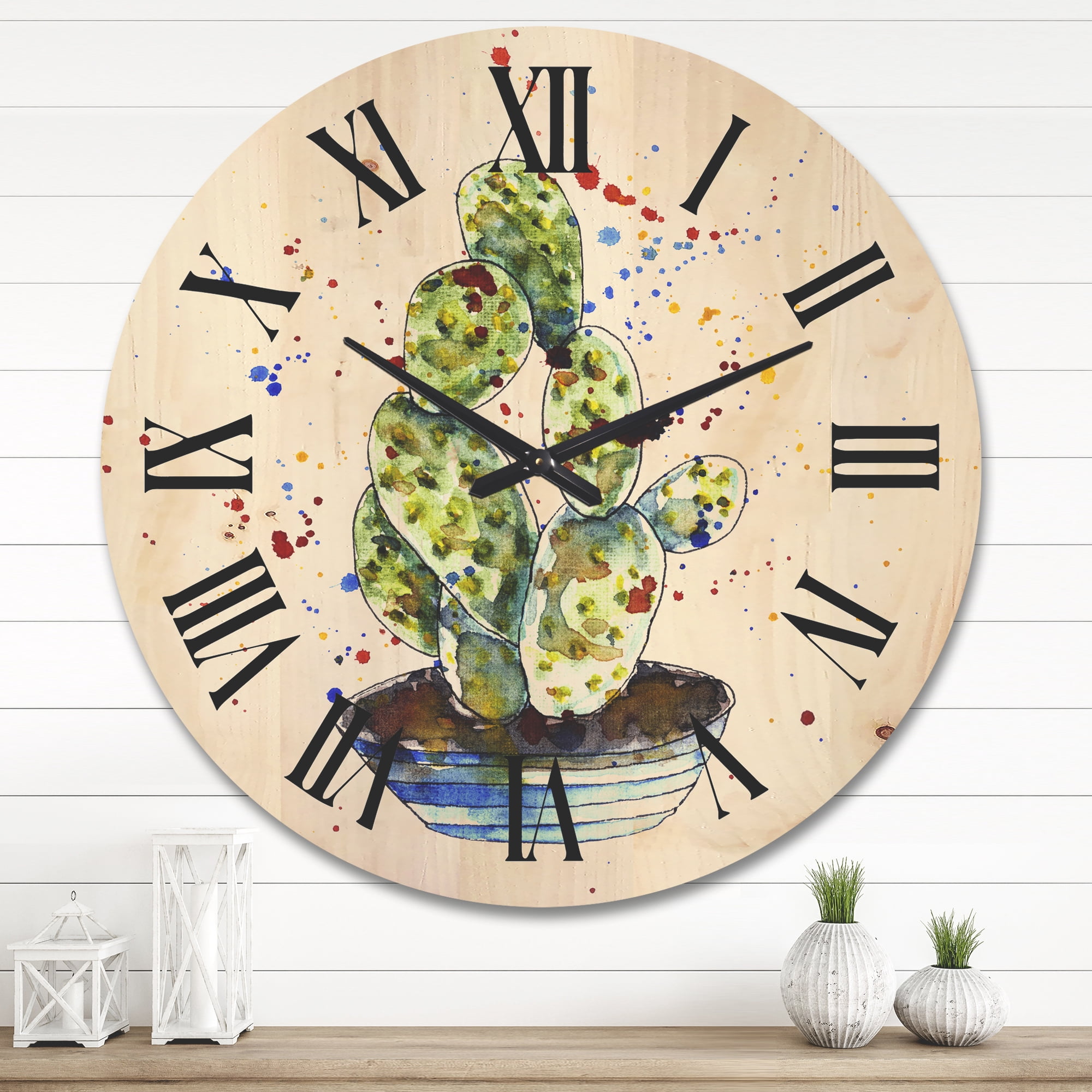 Designart 'Abstract Cactus Houseplant' Traditional Wood Wall Clock