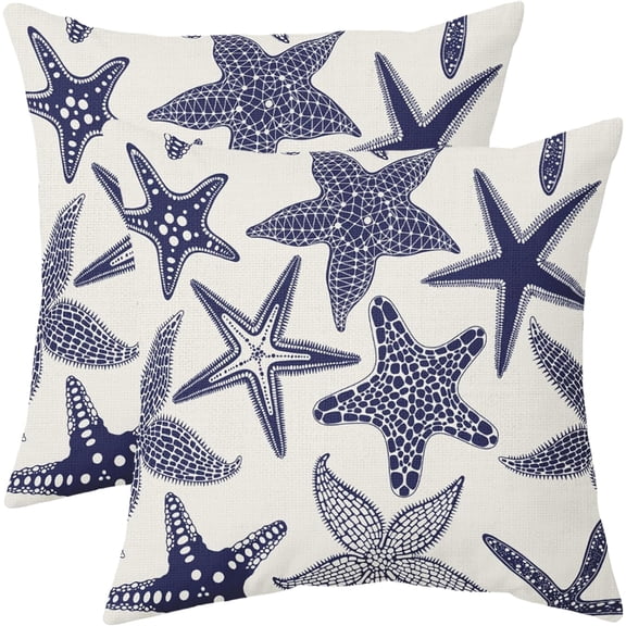 Navy Blue Starfish Pillow Covers 18x18 Set of 2 Summer Ocean Beach Coastal Outdoor Decorative Throw Pillows Beachy Nautical Pillowcases Linen Cushion Case Decor for Home Sofa Couch Bed