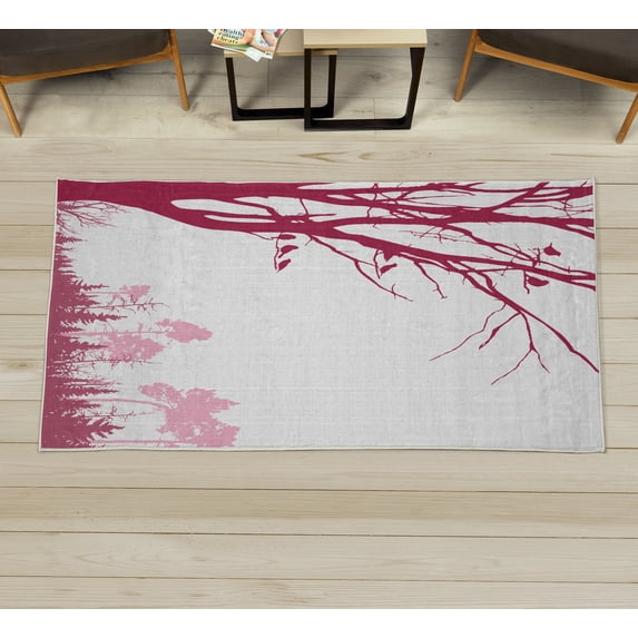 Forest Decorative Rug, Nature Theme the Panorama of a Forest Pattern Birds on Tree Branches Print, Quality Carpet for Bedroom Dorm and Living Room, 6 Sizes, Raspberry White, by Ambesonne
