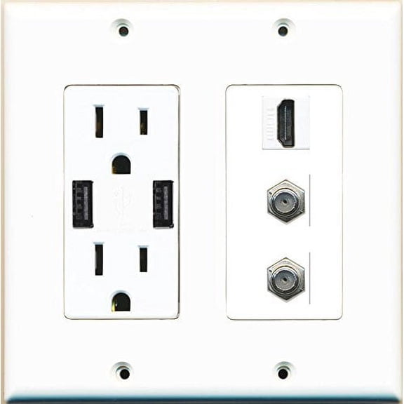 RiteAV Power Outlet 2 USB Charger HDMI White 2 Coax Wall Plate White