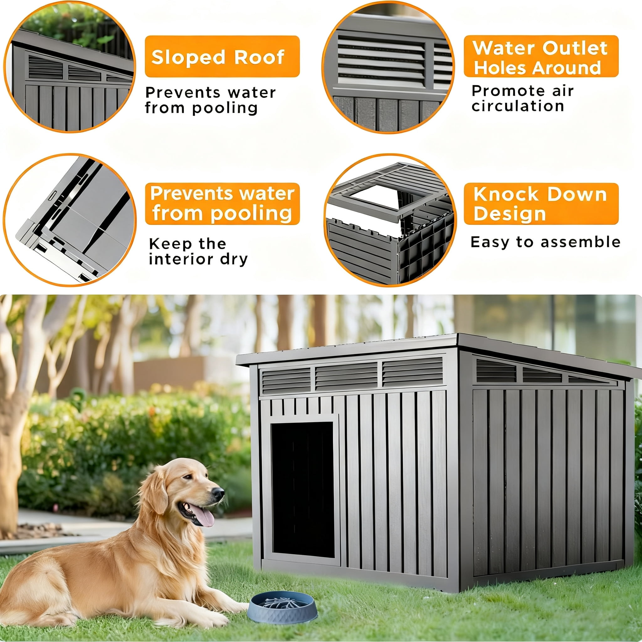 Decksplore Large Dog House (42.9"x33"x32"), Waterproof, HDPE Dog Kennel with Lift-Up Sloping Roof for Courtyard, Living Room, Bedroom (Gray)