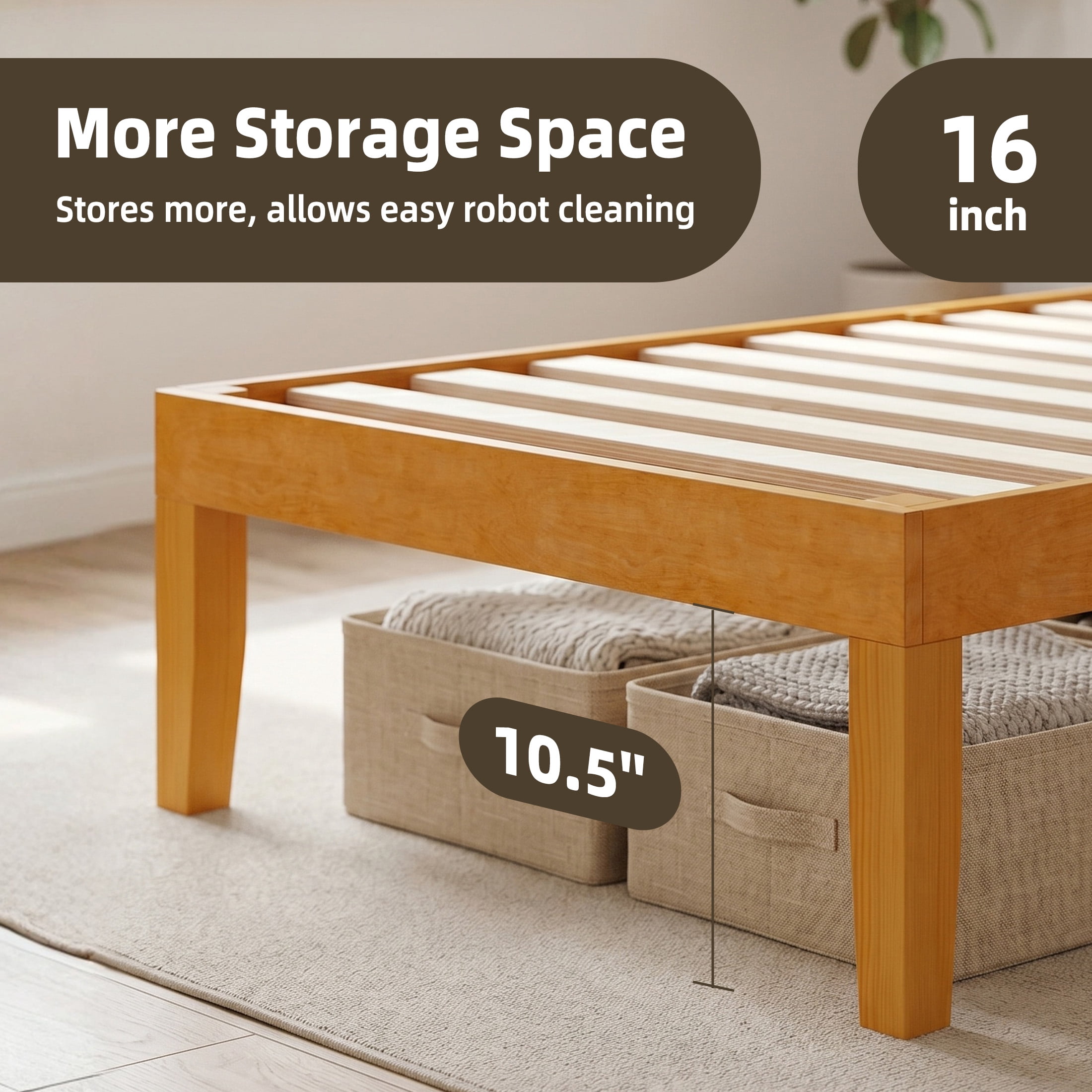Gianna Twin Size Wood Platform Bed Frames 16 Inch No Box Spring Need, 500 LBS Capacity, Noiseless, Honey Finish