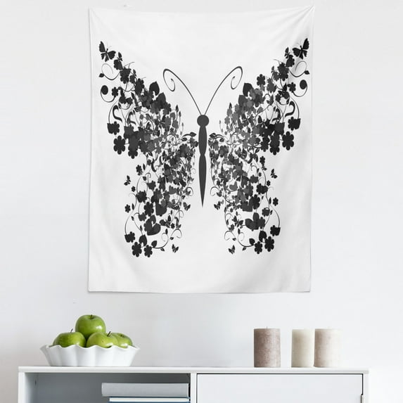 Butterfly Tapestry, Abstract Insect Graphic with Leafy Wings in Monochromatic Design Print, Fabric Wall Hanging Decor for Bedroom Living Room Dorm, 5 Sizes, Grey and Pale Grey, by Ambesonne