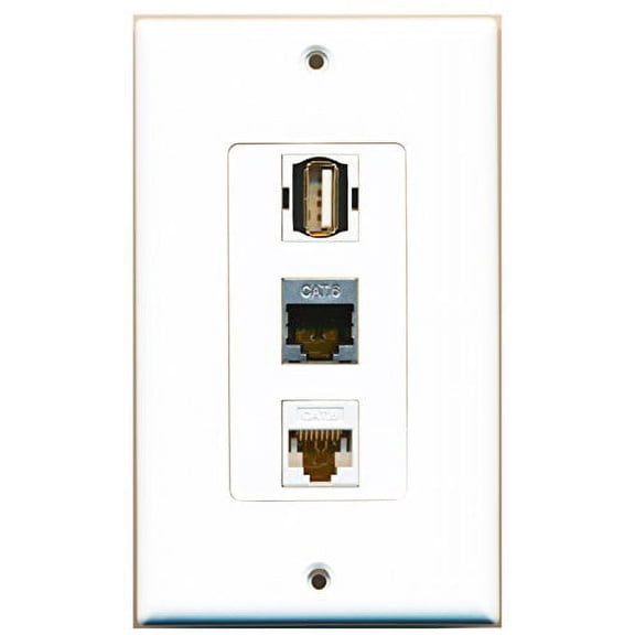 RiteAV - 1 Port USB A-A and 1 Port Shielded Cat6 Ethernet and 1 Port Cat6 Ethernet White Decorative Wall Plate Decorative