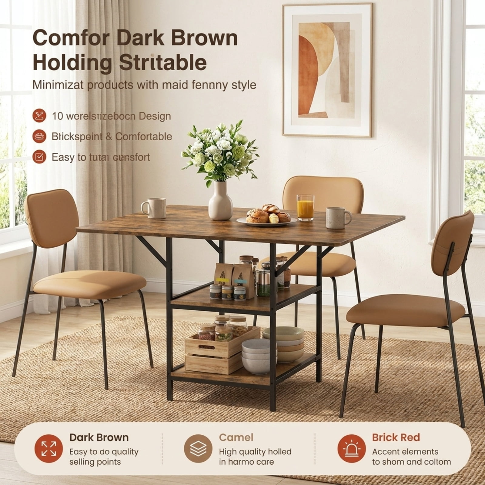 Furnibear 47 Inch Rectangular Dining Table for 4 to 6 with 2 Open Storage Shelves and Sturdy Metal Legs for Kitchen and Dining Room, Rustic Brown