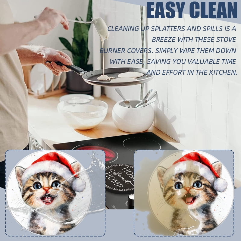 Christmas Gas Stove Burner Covers Set of 4, Cute Kitten in Santa Hat Round Mental Electric Stove Burner Covers Range Top Xmas Holiday Decor for Kitchen, 8 Inches and 10 Inches