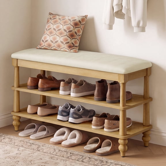 VASAGLE MARIEL Collection - Shoe Bench, Wooden Entryway Bench with Padded Seat, 2-Tier Shoe Storage Rack, 31.5 x 11.6 x 19.7 inches, Natural Brown