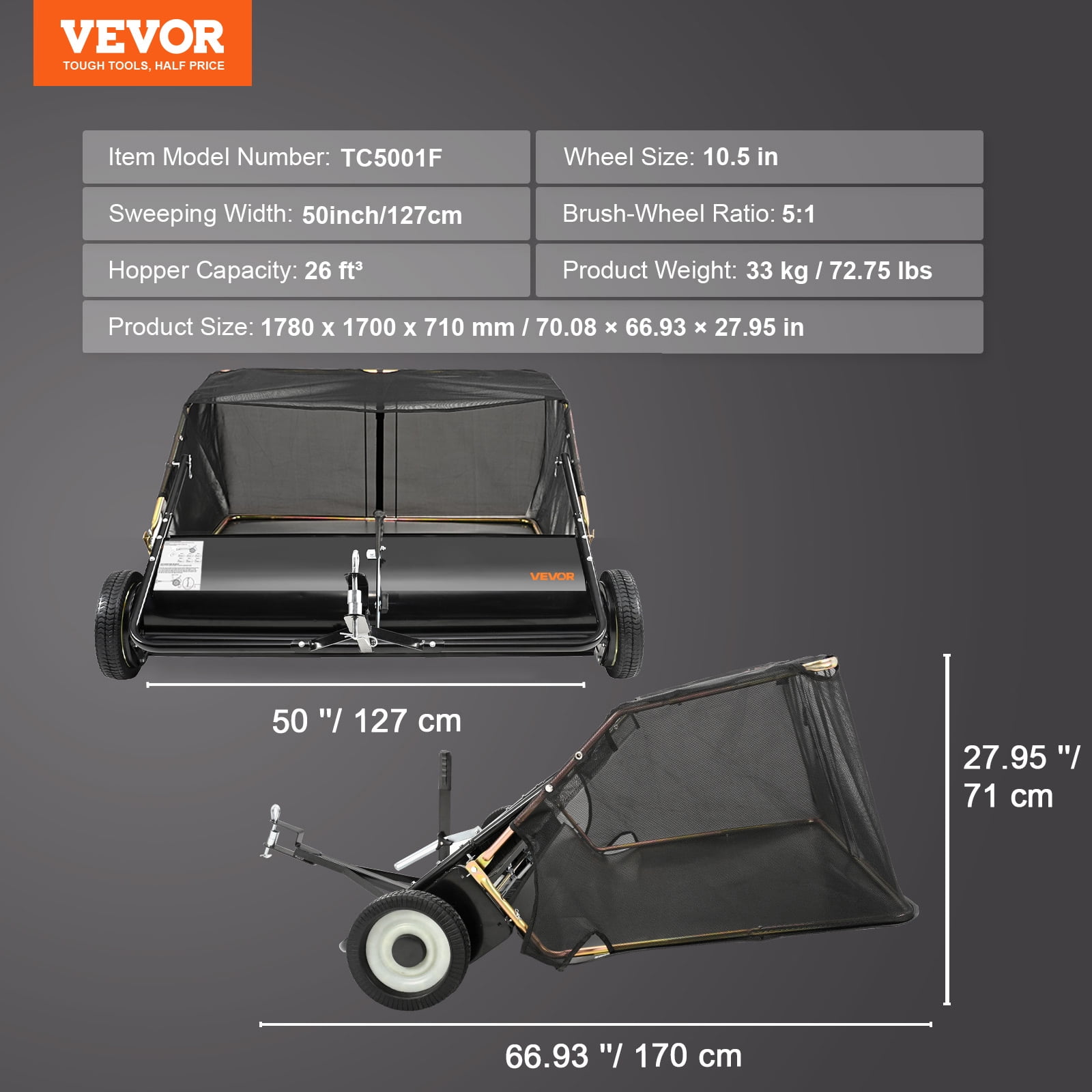 VEVOR Tow Behind Lawn Sweeper, 50 in Pull Behind Lawn Sweeper, 26 Cu. ft Large Capacity Leaf & Grass Collector, Heavy Duty Garden Sweeper with Adjustable Sweeping Height for Yard, Lawn, Farm