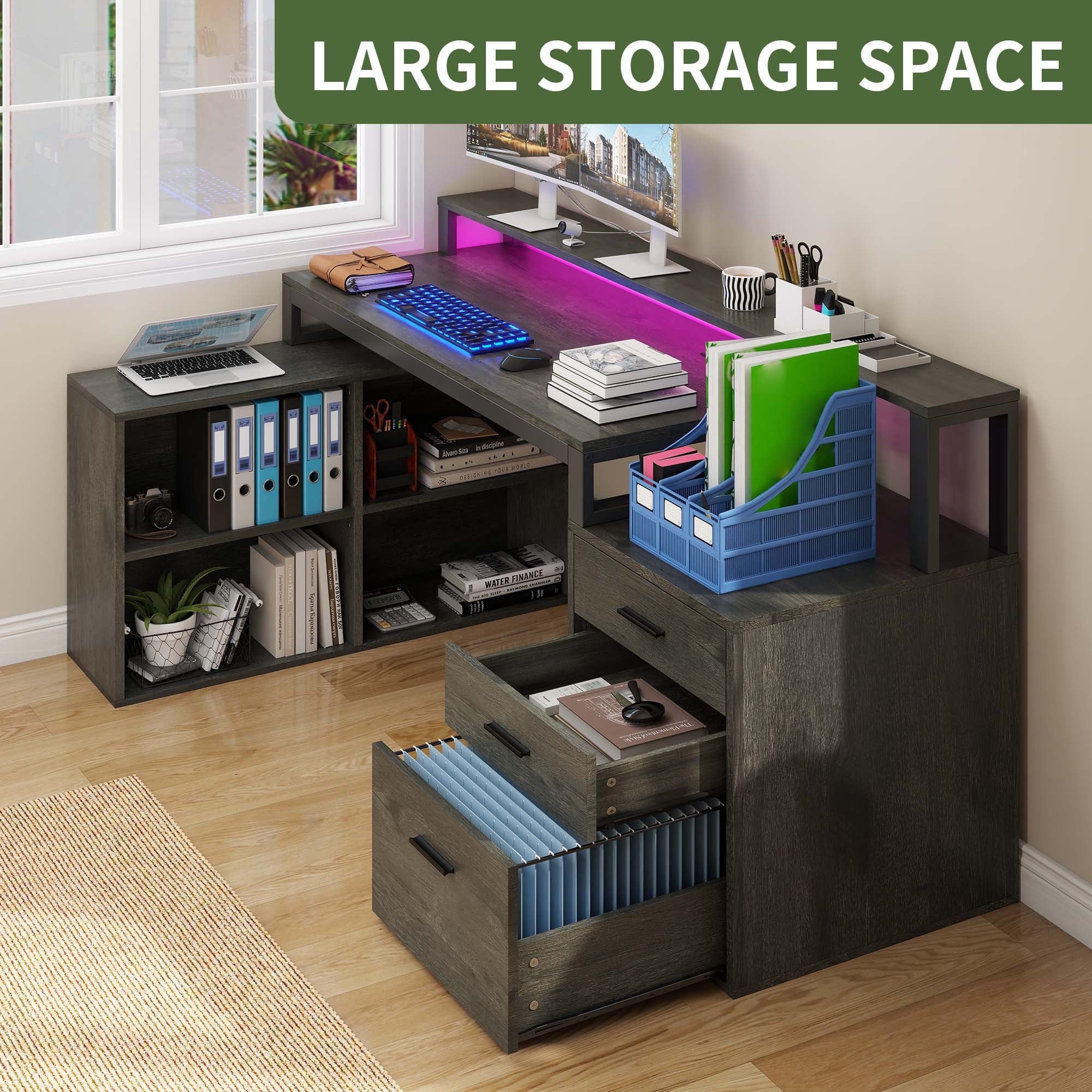 Uforic 65" L Shaped Desk with LED Light & File Cabinet, with 3 Drawers & 4 Open Storage Shelves, Gray