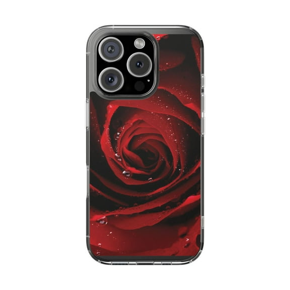 Clear Hybrid Shockproof Case for Apple iPhone 16 PRO - Vibrant Dewy Red Rose Close-up