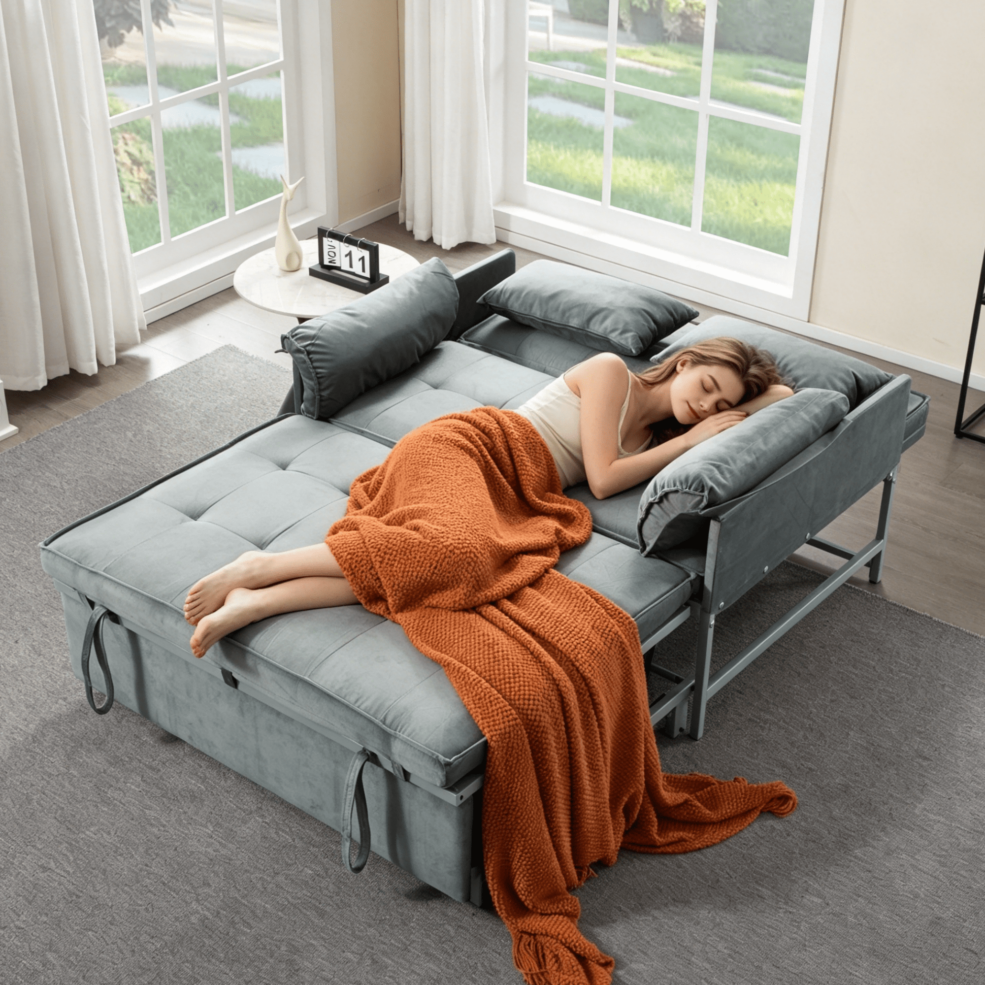 Gewnee 46"Convertible Sleeper Sofa – Pull-out Bed with 5 Reclining Positions,Movable Arm Cushion,Ideal for Apartment,Office,Guest Room.Gray