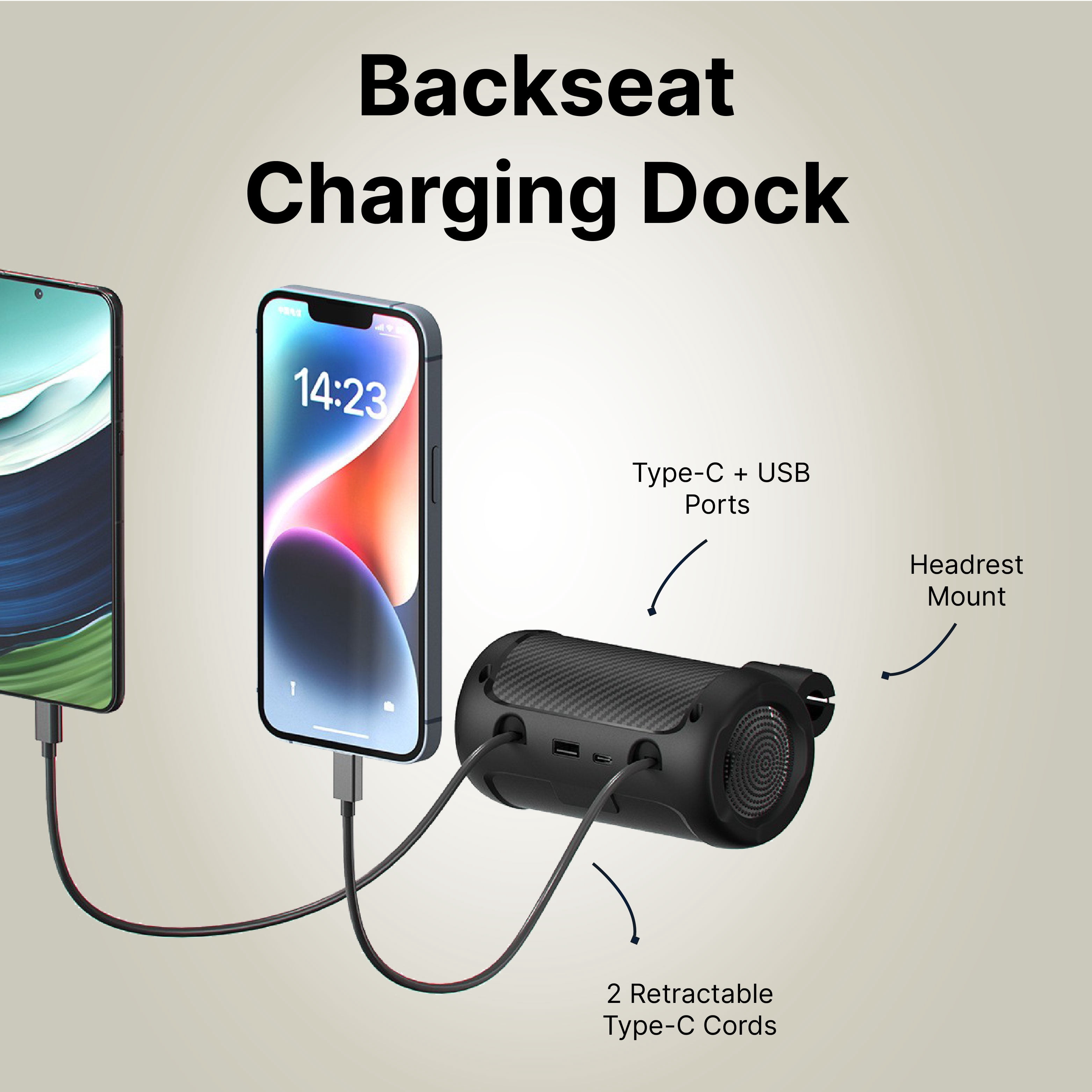 IJS Retractable Car Charger, Backseat 4 in1 Adapter | Fast Car Charger, 2×30W PD USB-C | Compatible with IPhone, Samsung, Pixel