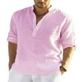 thumbnail image 1 of Men‘s Linen Shirts Solid Color Long Sleeve Stand Collar Button Tops, 1 of 5