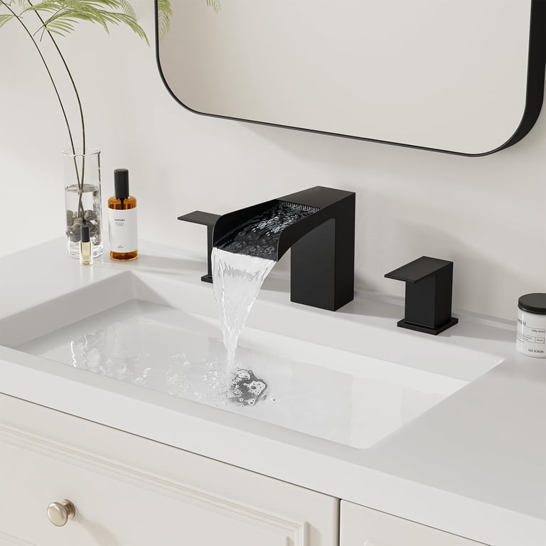 8 Inch Widespread Matte Black Bathroom Faucet - Waterfall Spout With Pop-Up Drain