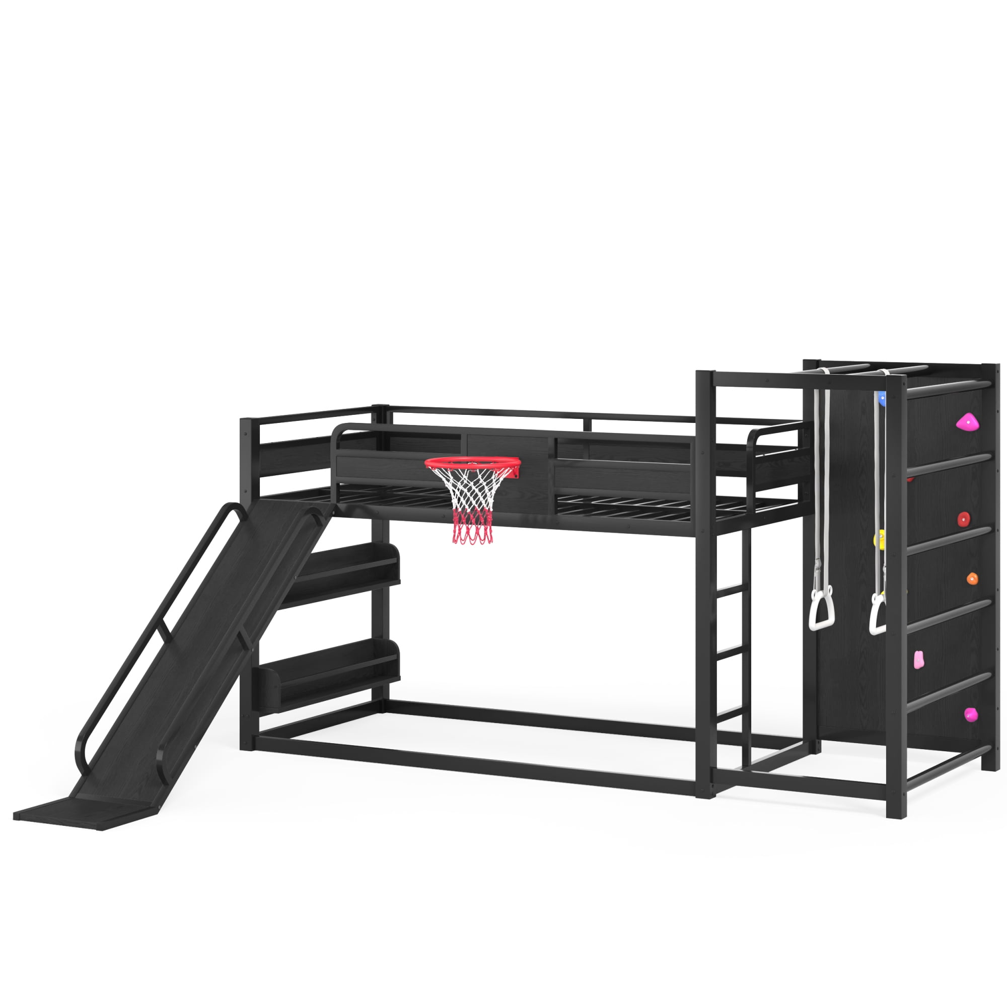 Twin XL Size Loft/Bunk Bed with Basketball Hoop, Pull-up Rings and Climbing Wall, Metal Loft Bed Frame with Slide and Bookshelves, Heavy Duty Bunk Beds with Guardrail
