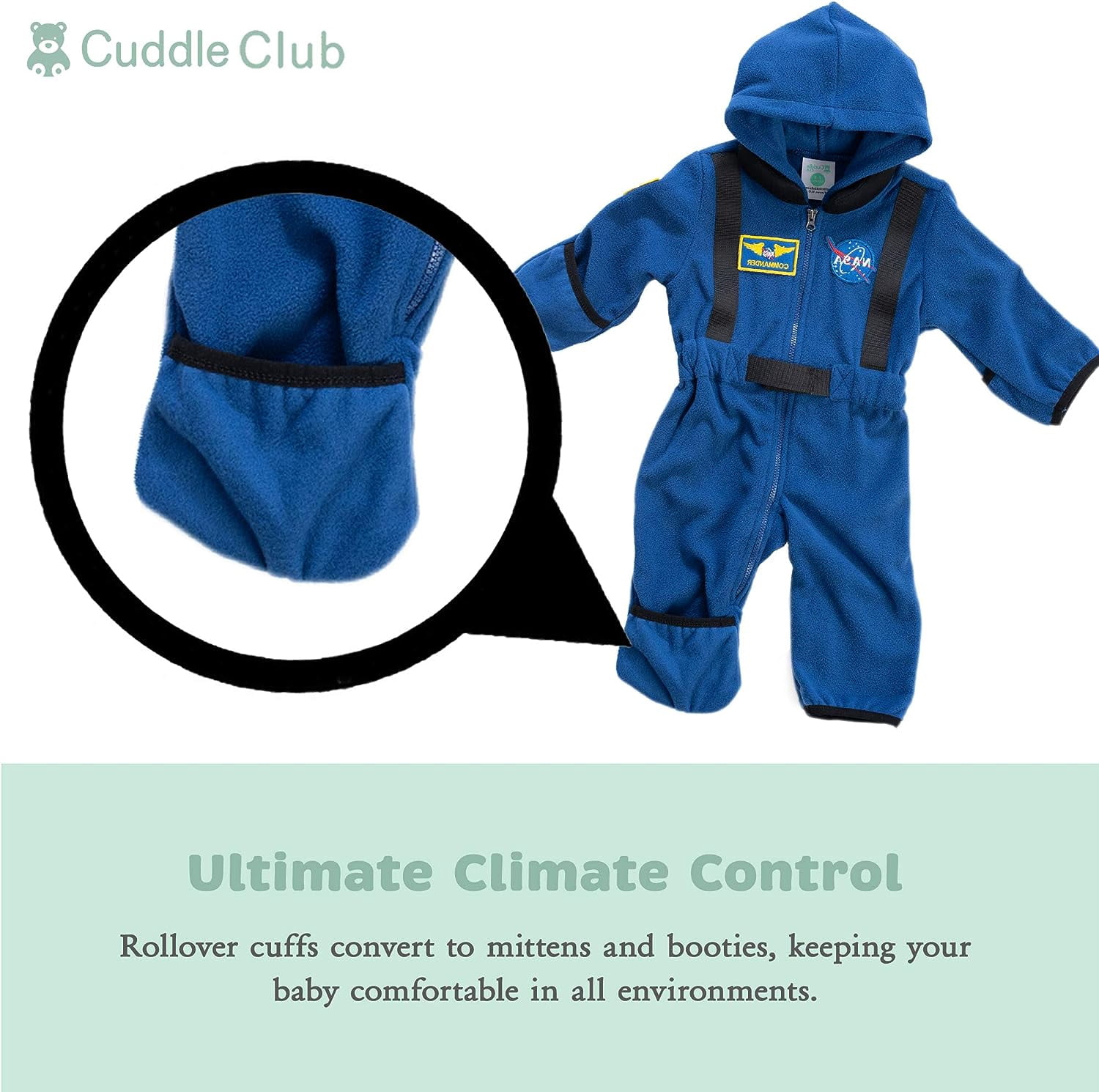 Cuddle Club One Piece Romper Hooded Fleece Onesie Jumper for Baby, Astronaut Blue 6-12 Mos