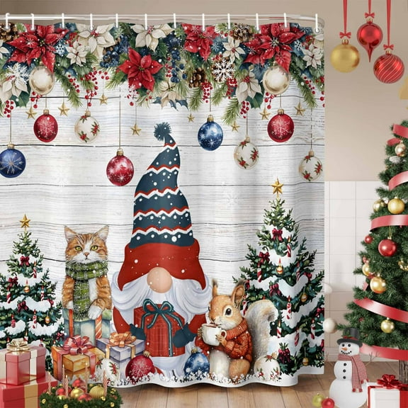 Christmas Shower Curtain, Country Gnomes Poinsettia Snowflakes Pine Tree Waterproof Fabric Shower Curtains with 12 Hooks, Bathroom Curtain Set for Bathroom Accessories Decor, 72 x 84 Inches