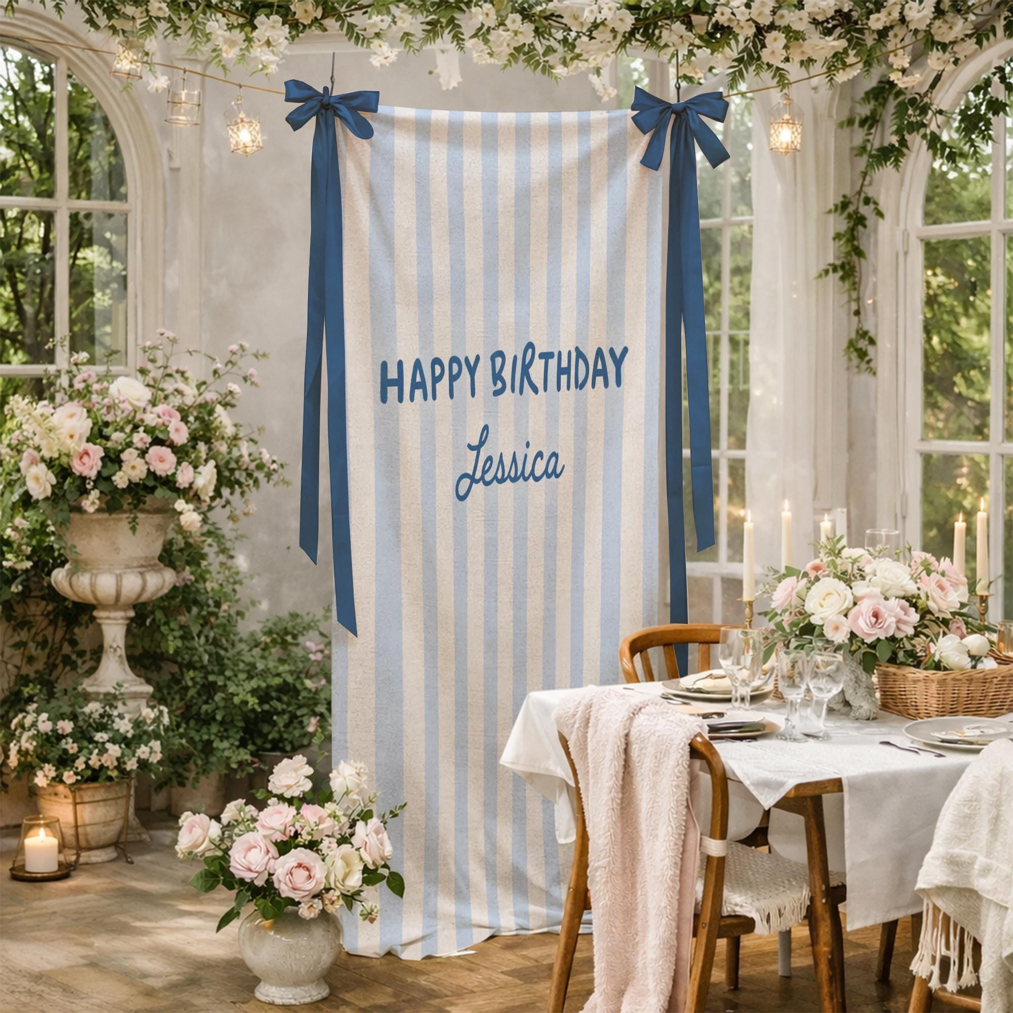 ViciArt Striped Cotton Linen Birthday Banner, Custom Name Party Backdrop