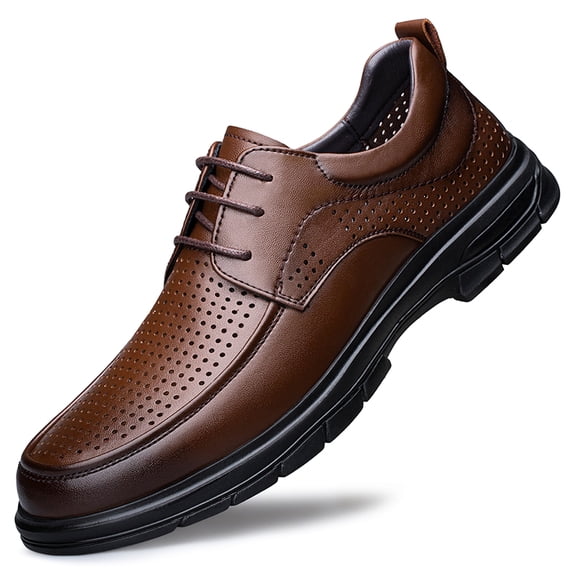 Men's Breathable Perforated Leather Lace-Up Shoes, Lightweight Business Casual Oxfords