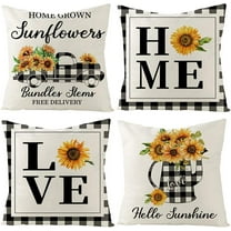 Sunflower Pillow Covers 16x 16 Set of 4 Summer Decorative Rustic Buffalo Plaid Farmhouse Thorw Pillow Covers for Spring Summer Indoor Outdoor Sofa Living Room Paito Décor (16"x16")