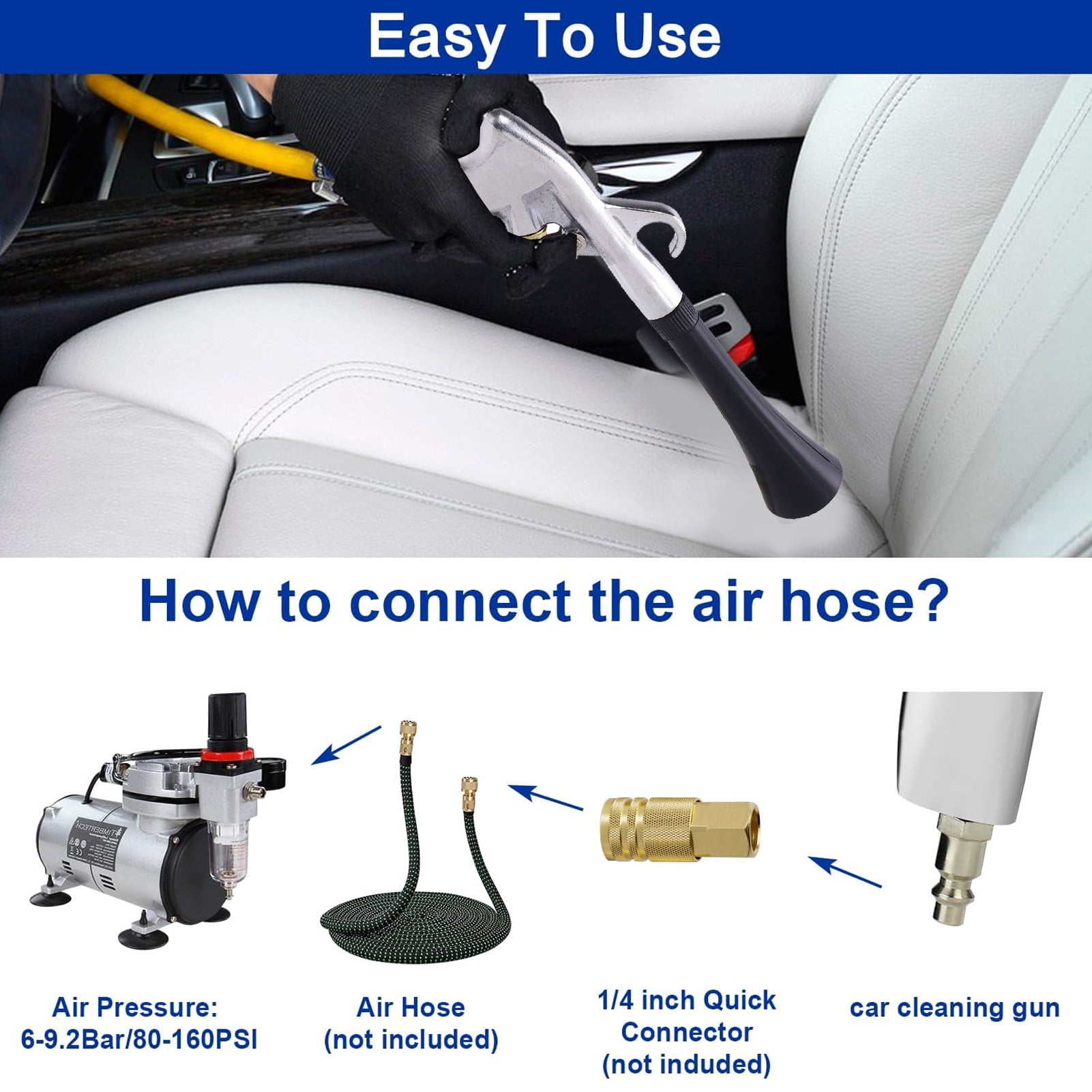Nieyigj Car Interior Cleaning Air Blow Tool High Pressure Dust Removal Gun with 1/2 Inch Thread Interface Comfortable Grip for 6-9.2 Bar Air Compressor Auto Carpet Seat Washer (11.4 in / 29 cm)