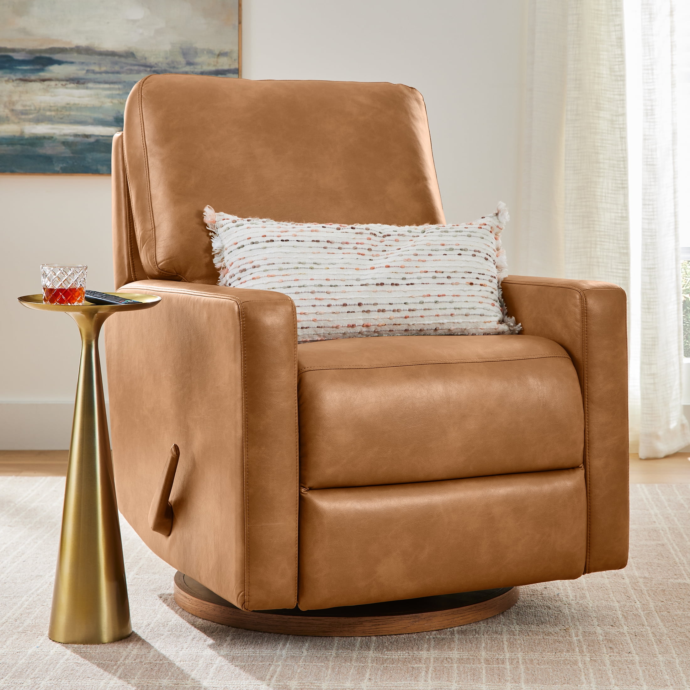 Better Homes & Gardens Modern Farmhouse Swivel Glider Recliner, Camel Faux Leather