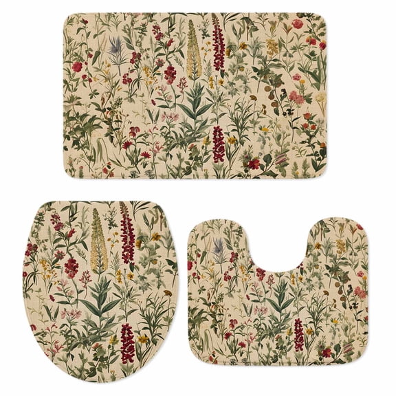Rustic Botanical Bath Mat 3 Piece Bathroom Rug Set, Vintage Floral Wildflower Non Slip Bath Rug Contour Mat and Toilet Lid Cover, Absorbent Shower Mats Soft Bath Rugs and Mats Sets