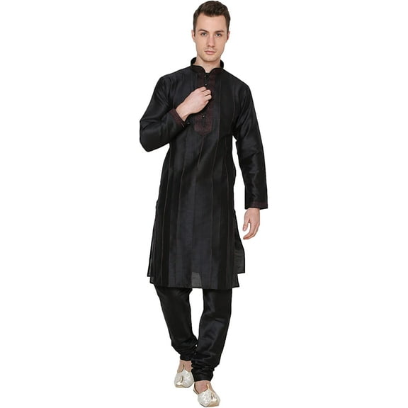 Royal Kurta Men's Silk Blend Pintuck Kurta Pyjama Black